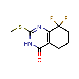 Chemical structure of 8,8-difluoro-2-methylsulfanyl-3,5,6,7-tetrahydroquinazolin-4-one , CAS 2459401-14-8, AChemBlock U137709