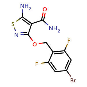 Chemical structure of 5-Amino-3-((4-bromo-2,6-difluorobenzyl)oxy)isothiazole-4-carboxamide , CAS 2436737-00-5, AChemBlock U137727