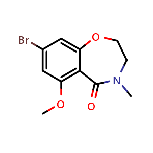 Chemical structure of 8-bromo-6-methoxy-4-methyl-2,3-dihydro-1,4-benzoxazepin-5-one , CAS 2426763-15-5, AChemBlock U137745