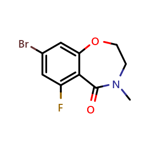 Chemical structure of 8-bromo-6-fluoro-4-methyl-2,3-dihydro-1,4-benzoxazepin-5-one , CAS 2426763-14-4, AChemBlock U137746