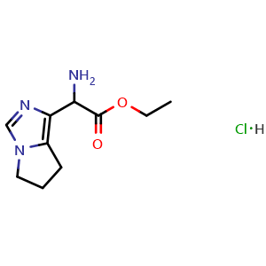 Chemical structure of ethyl 2-amino-2-(6,7-dihydro-5H-pyrrolo[1,2-c]imidazol-1-yl)acetate hydrochloride , CAS 2407965-03-9, AChemBlock U137762