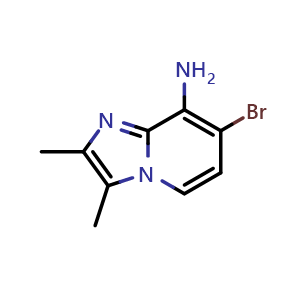 Chemical structure of 7-bromo-2,3-dimethyl-imidazo[1,2-a]pyridin-8-amine , CAS 2407075-50-5, AChemBlock U137764
