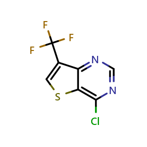 Chemical structure of 4-chloro-7-(trifluoromethyl)thieno[3,2-d]pyrimidine , CAS 2385031-14-9, AChemBlock U137784