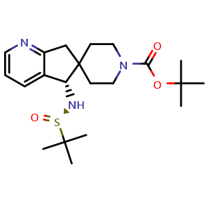 Chemical structure of tert-butyl (S)-5-(((R)-tert-butylsulfinyl)amino)-5,7-dihydrospiro[cyclopenta[b]pyridine-6,4'-piperidine]-1'-carboxylate , CAS 2377355-49-0, AChemBlock U137796