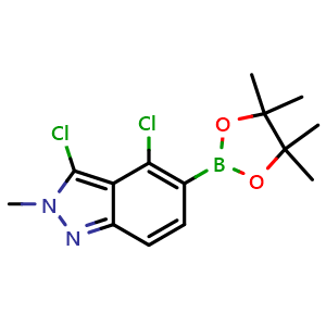 Chemical structure of 3,4-dichloro-2-methyl-5-(4,4,5,5-tetramethyl-1,3,2-dioxaborolan-2-yl)indazole , CAS 2375917-60-3, AChemBlock U137803