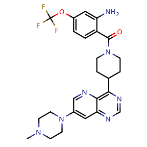 Chemical structure of (2-Amino-4-(trifluoromethoxy)phenyl)(4-(7-(4-methylpiperazin-1-yl)pyrido[3,2-d]pyrimidin-4-yl)piperidin-1-yl)methanone , CAS 2307249-33-6, AChemBlock U137863