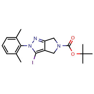 Chemical structure of tert-butyl 2-(2,6-dimethylphenyl)-3-iodo-2,6-dihydropyrrolo[3,4-c]pyrazole-5(4H)-carboxylate , CAS 2254164-45-7, AChemBlock U137920