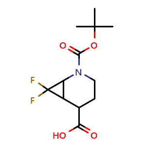 Chemical structure of 2-tert-butoxycarbonyl-7,7-difluoro-2-azabicyclo[4.1.0]heptane-5-carboxylic acid , CAS 2241138-67-8, AChemBlock U137947