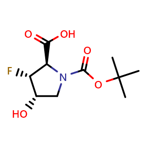 Chemical structure of (2R,3R,4S)-1-Boc-3-fluoro-4-hydroxypyrrolidine-2-carboxylic acid , CAS 2211115-91-0, AChemBlock U138048