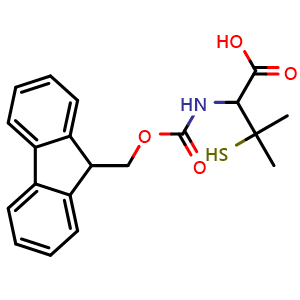 Chemical structure of 2-(Fmoc-amino)-3-mercapto-3-methylbutanoic acid , CAS 2171765-46-9, AChemBlock U138089