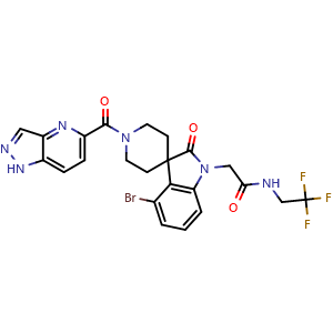 Chemical structure of 2-(4-bromo-2-oxo-1'-(1H-pyrazolo[4,3-b]pyridine-5-carbonyl)spiro[indoline-3,4'-piperidin]-1-yl)-N-(2,2,2-trifluoroethyl)acetamide , CAS 2125676-13-1, AChemBlock U138173
