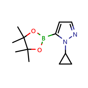 Chemical structure of 1-cyclopropyl-5-(4,4,5,5-tetramethyl-1,3,2-dioxaborolan-2-yl)-1h-pyrazole , CAS 2123477-78-9, AChemBlock U138175