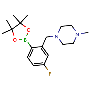 Chemical structure of 1-(5-fluoro-2-(4,4,5,5-tetramethyl-1,3,2-dioxaborolan-2-yl)benzyl)-4-methylpiperazine , CAS 2096340-29-1, AChemBlock U138221