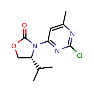 Chemical structure of (R)-3-(2-Chloro-6-methyl-4-pyrimidinyl)-4-isopropyl-2-oxazolidinone , CAS 2089381-65-5, AChemBlock U138262
