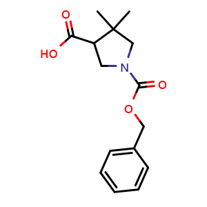 Chemical structure of 1-Cbz-4,4-Dimethyl-pyrrolidine-3-carboxylic acid , CAS 2089381-17-7, AChemBlock U138263