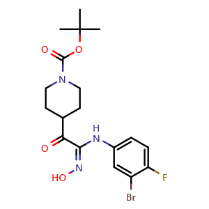 Chemical structure of N-(3-Bromo-4-fluorophenyl)-N'-hydroxy-2-(1-Boc-4-piperidinyl)-2-oxoacetimidamide , CAS 2084138-48-5, AChemBlock U138277