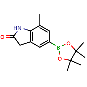 Chemical structure of 7-methyl-5-(tetramethyl-1,3,2-dioxaborolan-2-yl)-2,3-dihydro-1h-indol-2-one , CAS 2036075-04-2, AChemBlock U138331