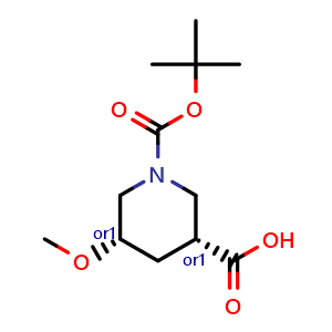 Chemical structure of cis-1-tert-butoxycarbonyl-5-methoxy-piperidine-3-carboxylic acid , CAS 1922099-94-2, AChemBlock U138478