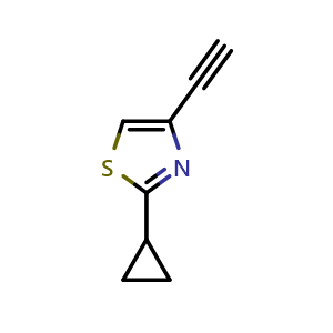 Chemical structure of 2-Cyclopropyl-4-ethynylthiazole , CAS 1849223-21-7, AChemBlock U138587