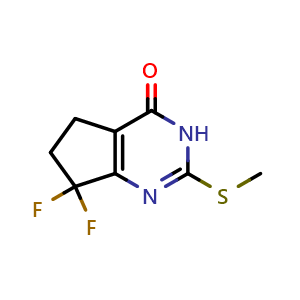Chemical structure of 7,7-difluoro-2-methylsulfanyl-5,6-dihydro-3H-cyclopenta[d]pyrimidin-4-one , CAS 1644414-74-3, AChemBlock U138938