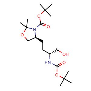 Chemical structure of (R)-4-[(S)-3-Boc-2,2-dimethyl-4-oxazolidinyl]-2-(Boc-amino)-1-butanol , CAS 1638539-65-7, AChemBlock U138945