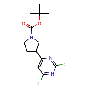 Chemical structure of 2,4-Dichloro-6-(1-Boc-pyrrolidin-3-yl)pyrimidine , CAS 1637407-18-1, AChemBlock U138948