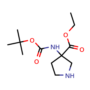 Chemical structure of Ethyl 3-(Boc-amino)pyrrolidine-3-carboxylate , CAS 1613023-56-5, AChemBlock U138995