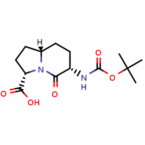 Chemical structure of (3S,6S,8aS)-6-(tert-butoxycarbonylamino)-5-oxo-2,3,6,7,8,8a-hexahydro-1H-indolizine-3-carboxylic acid , CAS 159303-50-1, AChemBlock U139027