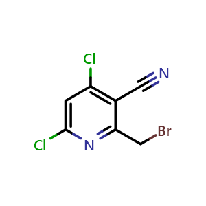 Chemical structure of 2-(bromomethyl)-4,6-dichloro-pyridine-3-carbonitrile , CAS 1589541-02-5, AChemBlock U139029