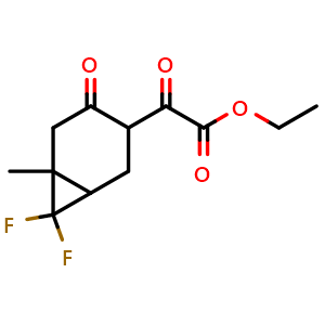 Chemical structure of ethyl 2-(7,7-difluoro-6-methyl-4-oxo-norcaran-3-yl)-2-oxo-acetate , CAS 1557248-42-6, AChemBlock U139073