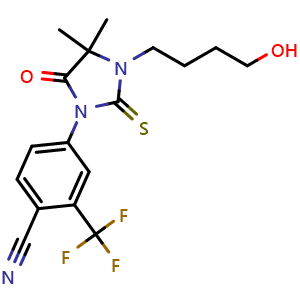 Chemical structure of 4-[3-(4-Hydroxybutyl)-4,4-dimethyl-5-oxo-2-thioxoimidazolidin-1-yl]-2-(trifluoromethyl)benzonitrile , CAS 155180-53-3, AChemBlock U139083