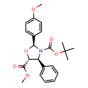 Chemical structure of Methyl (2S,4S,5R)-3-Boc-2-(4-methoxyphenyl)-4-phenyloxazolidine-5-carboxylate , CAS 153652-75-6, AChemBlock U139118