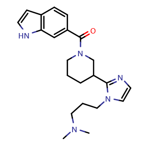 Chemical structure of [3-[1-[3-(Dimethylamino)propyl]-2-imidazolyl]-1-piperidinyl](6-indolyl)methanone , CAS 1497695-01-8, AChemBlock U139213