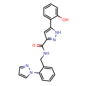 Chemical structure of N-[2-(1-Pyrazolyl)benzyl]-5-(2-hydroxyphenyl)-1H-pyrazole-3-carboxamide , CAS 1470368-88-7, AChemBlock U139261