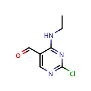 Chemical structure of 2-Chloro-4-(ethylamino)pyrimidine-5-carbaldehyde , CAS 1428761-06-1, AChemBlock U139395