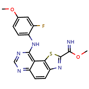 Chemical structure of Methyl 9-[(2-Fluoro-4-methoxyphenyl)amino]thiazolo[5,4-f]quinazoline-2-carbimidate , CAS 1425945-60-3, AChemBlock U139440