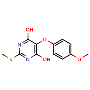 Chemical structure of 5-(4-Methoxyphenoxy)-2-(methylthio)pyrimidine-4,6-diol , CAS 1375064-42-8, AChemBlock U139622