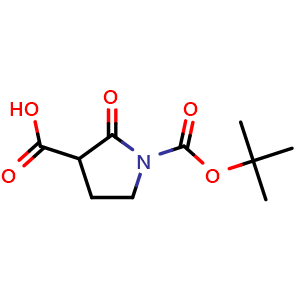 Chemical structure of 1-[(tert-Butoxy)carbonyl]-2-oxopyrrolidine-3-carboxylic acid , CAS 1370018-07-7, AChemBlock U139636