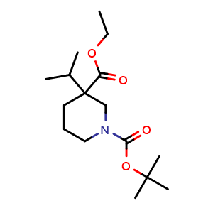 Chemical structure of Ethyl 1-Boc-3-isopropylpiperidine-3-carboxylate , CAS 1363166-24-8, AChemBlock U139672