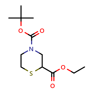Chemical structure of Ethyl N-Boc-2-thiomorpholinecarboxylate , CAS 1346597-50-9, AChemBlock U139759