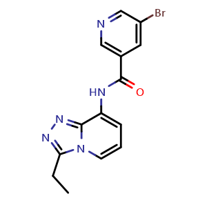 Chemical structure of 5-Bromo-N-(3-ethyl-[1,2,4]triazolo[4,3-a]pyridin-8-yl)nicotinamide , CAS 1340894-13-4, AChemBlock U139772