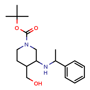 Chemical structure of 1-Boc-3-(1-phenylethylamino)-4-piperidinemethanol , CAS 1305320-69-7, AChemBlock U139877