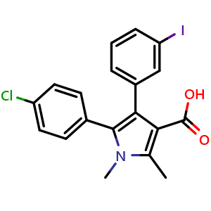 Chemical structure of 5-(4-Chlorophenyl)-4-(3-iodophenyl)-1,2-dimethylpyrrole-3-carboxylic acid , CAS 1305320-66-4, AChemBlock U139878