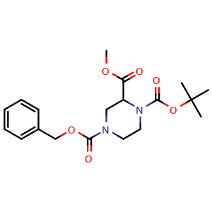 Chemical structure of 1-tert-Butyl 4-benzyl 2-methyl piperazine-1,2,4-tricarboxylate , CAS 129799-14-0, AChemBlock U139895