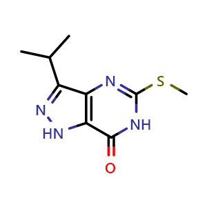 Chemical structure of 3-isopropyl-5-methylsulfanyl-1,6-dihydropyrazolo[4,3-d]pyrimidin-7-one , CAS 1289139-29-2, AChemBlock U139916