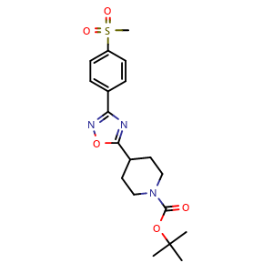 Chemical structure of 3-[4-(Methylsulfonyl)phenyl]-5-(1-Boc-4-piperidyl)-1,2,4-oxadiazole , CAS 1272756-23-6, AChemBlock U139953