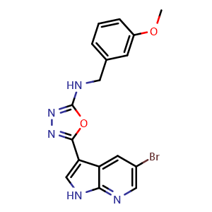 Chemical structure of 5-[5-Bromopyrrolo[2,3-b]pyridin-3-yl]-N-(3-methoxybenzyl)-1,3,4-oxadiazol-2-amine , CAS 1210437-59-4, AChemBlock U140303