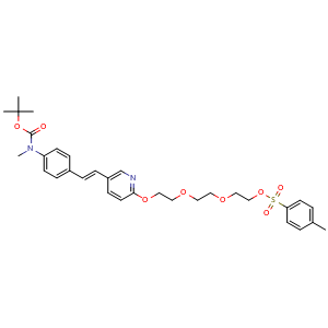 Chemical structure of (E)-2-[2-[2-[[5-[4-[Boc-(methyl)amino]styryl]-2-pyridyl]oxy]ethoxy]ethoxy]ethyl 4-Methylbenzenesulfonate , CAS 1205550-99-7, AChemBlock U140329