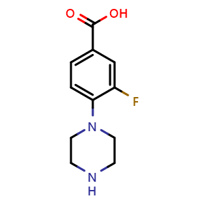 Chemical structure of 3-Fluoro-4-piperazinobenzoic acid , CAS 1197193-04-6, AChemBlock U140389