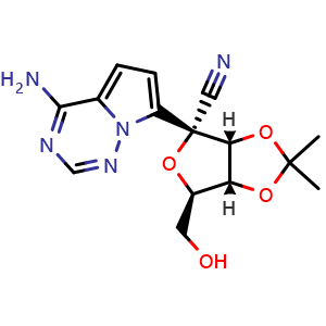 Chemical structure of (3aR,4R,6R,6aR)-4-(4-Aminopyrrolo[2,1-f][1,2,4]triazin-7-yl)-6-(hydroxymethyl)-2,2-dimethyltetrahydrofuro[3,4-d][1,3]dioxole-4-carbonitrile , CAS 1191237-80-5, AChemBlock U140424